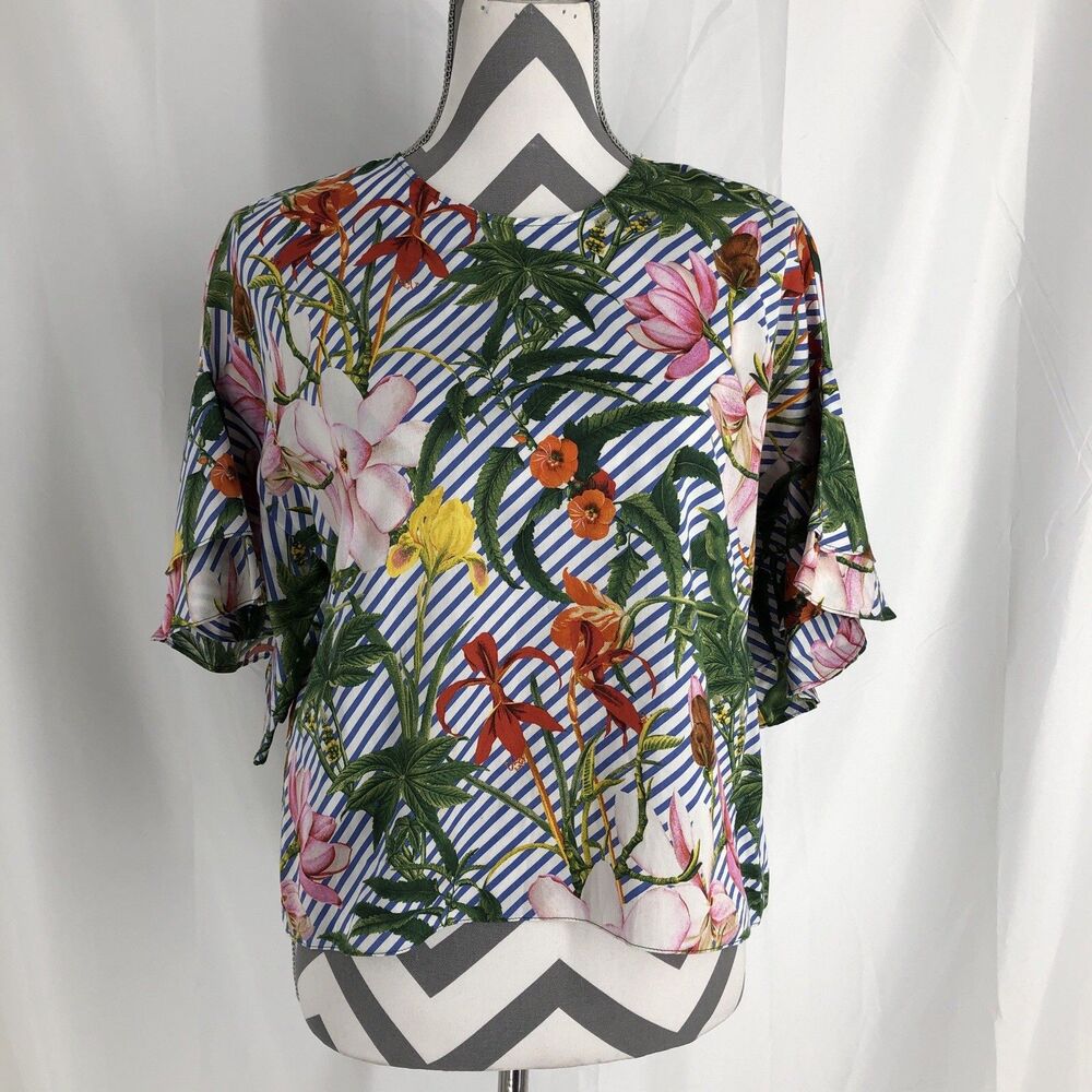 Zara Tropical Print Bell Sleeve Blouse Women’s Size XS Short Sleeve